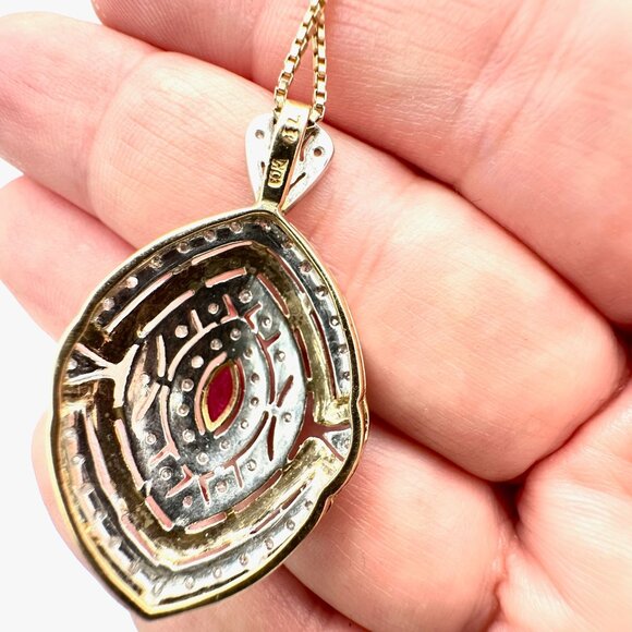 Womens Necklace 10K Yellow White Gold Diamond Ruby 1.5 Pendant 22 Inch 8.6 Grams - Picture 4 of 5